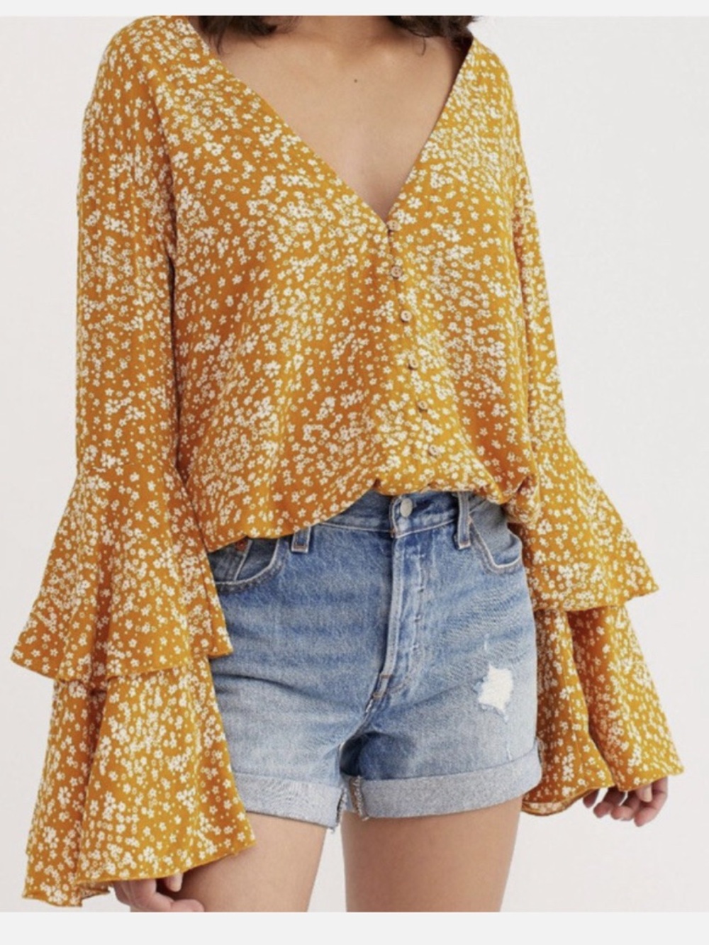 Free People She’s Ditsy Floral Bodysuit Mustard Yellow Layered Bell Sleeves